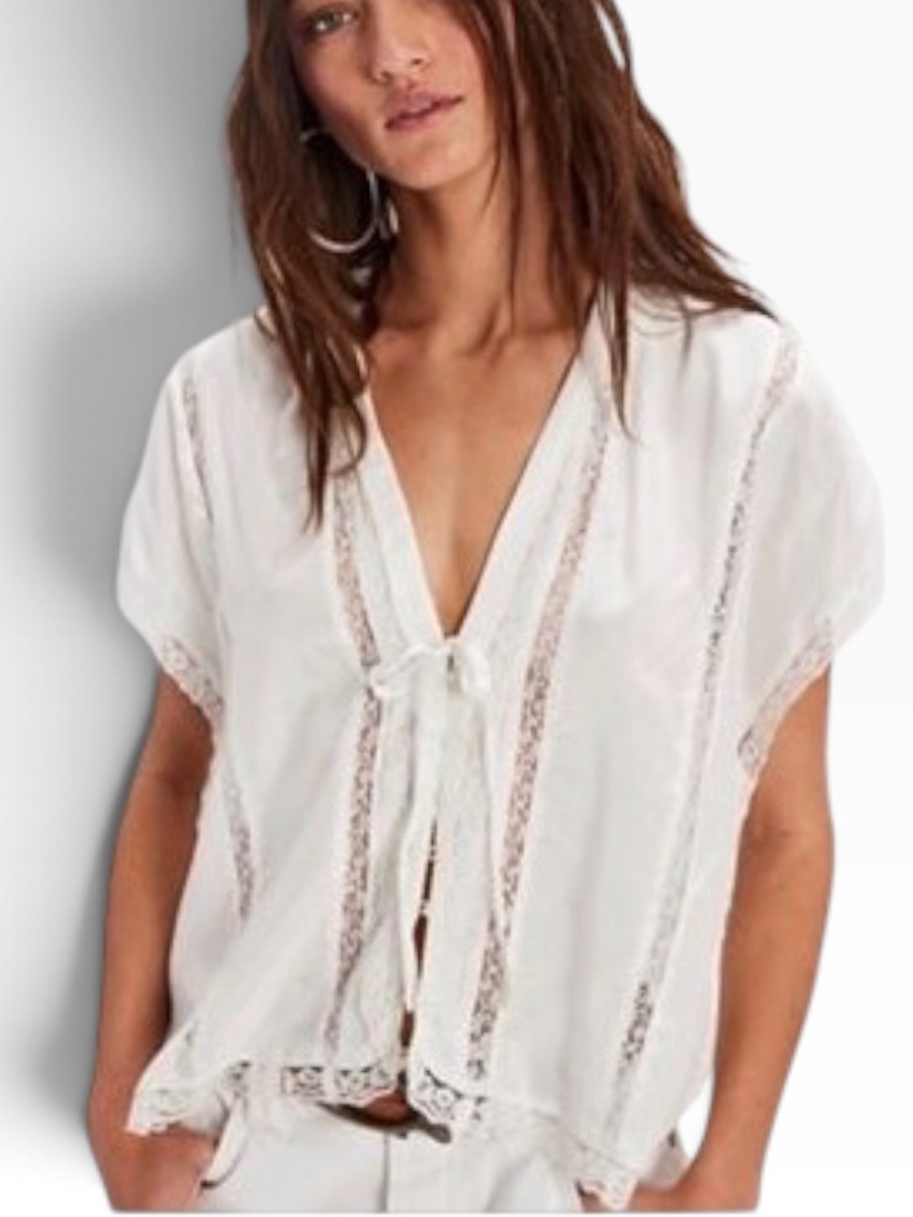 Free People White Lace-Trim Tie Front Blouse large